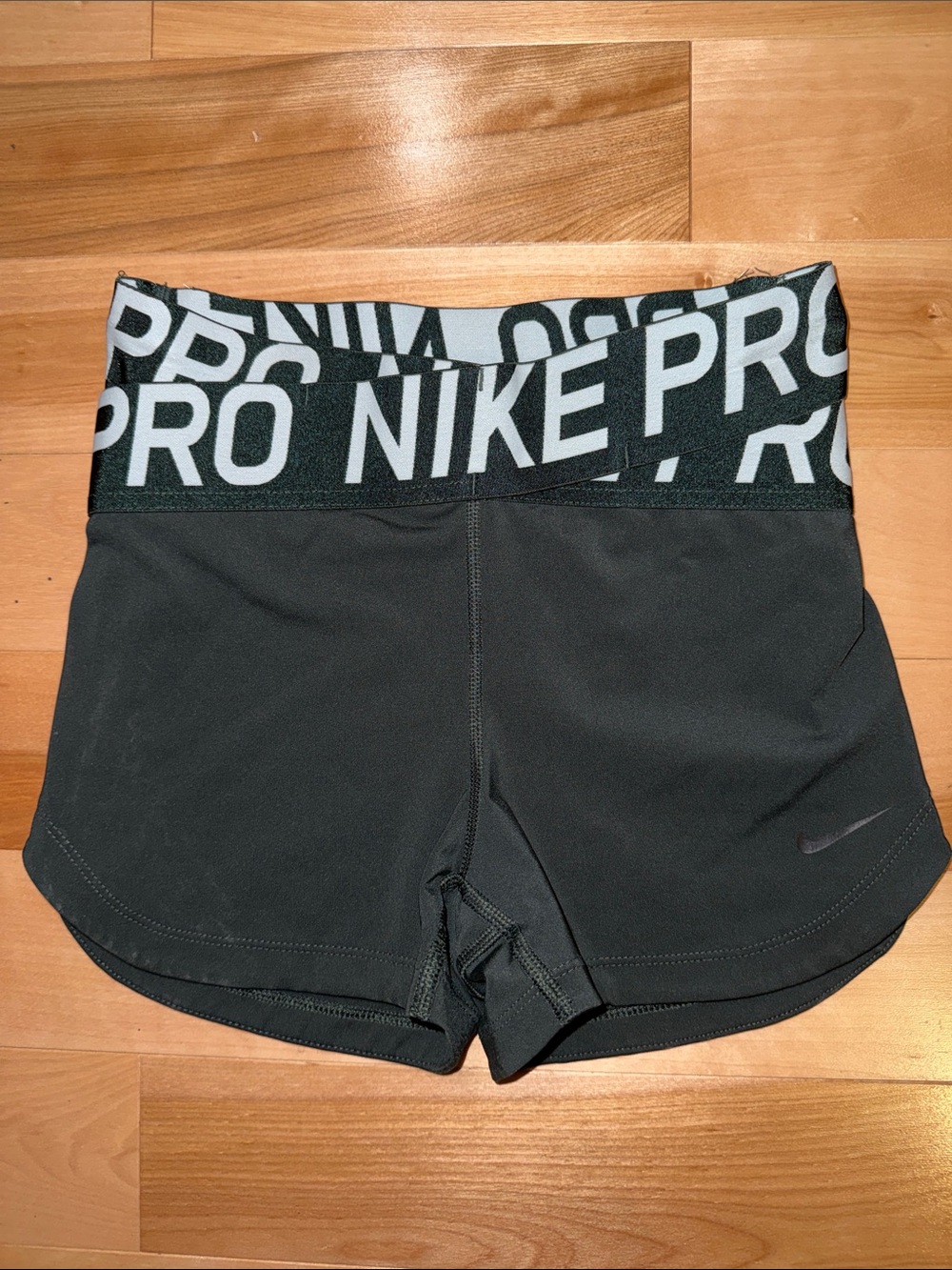 Nike Pro Women's Dark Green Athletic Shorts with Branded Waistband S